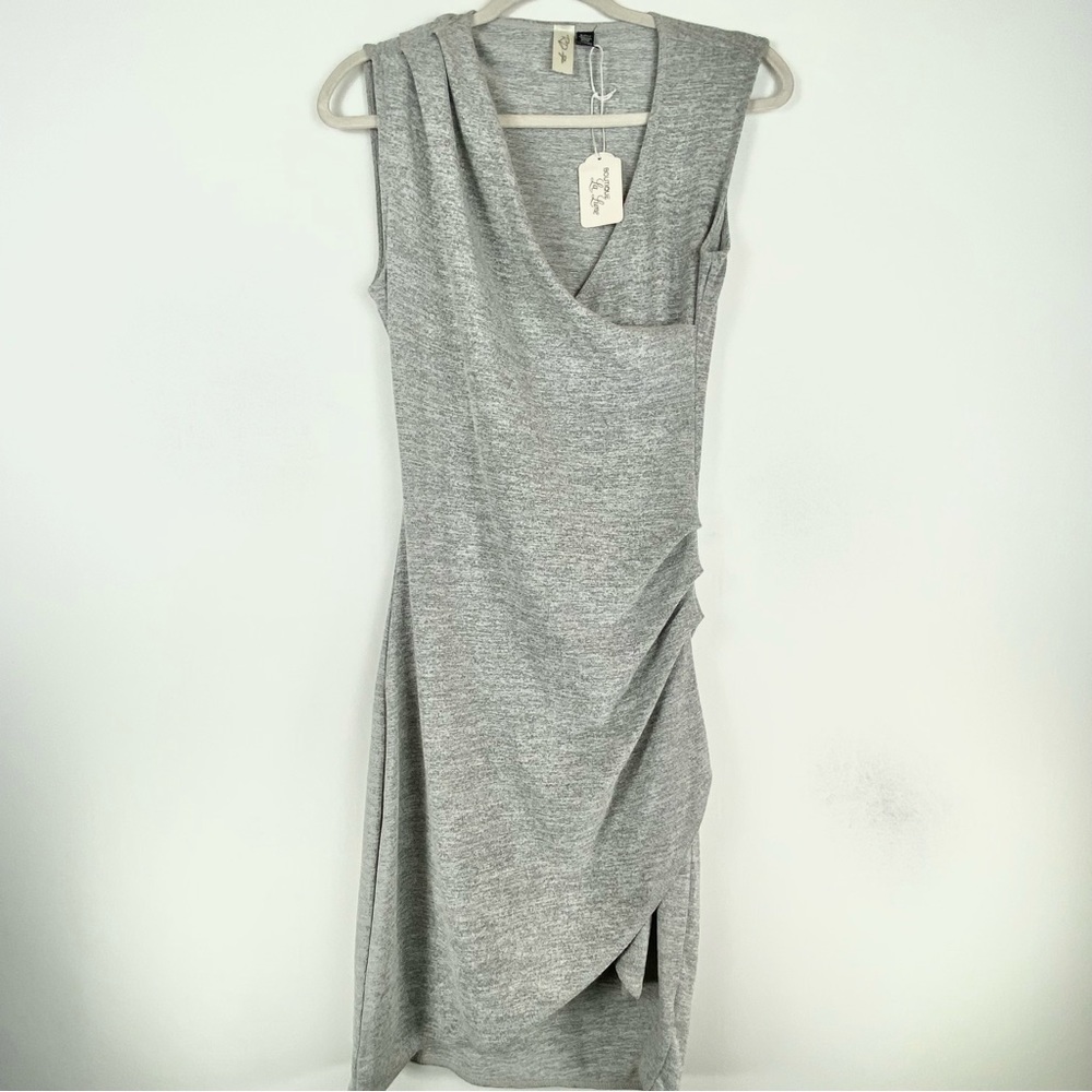 RD Style Womens Small Pullover Faux Wrap Tulip Hem Sheath Dress V Neck Gray